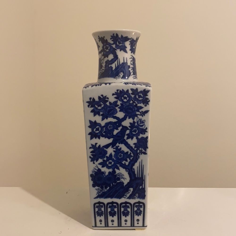 Mid-Century Chinese Blue Illustrated Ceramic Vase